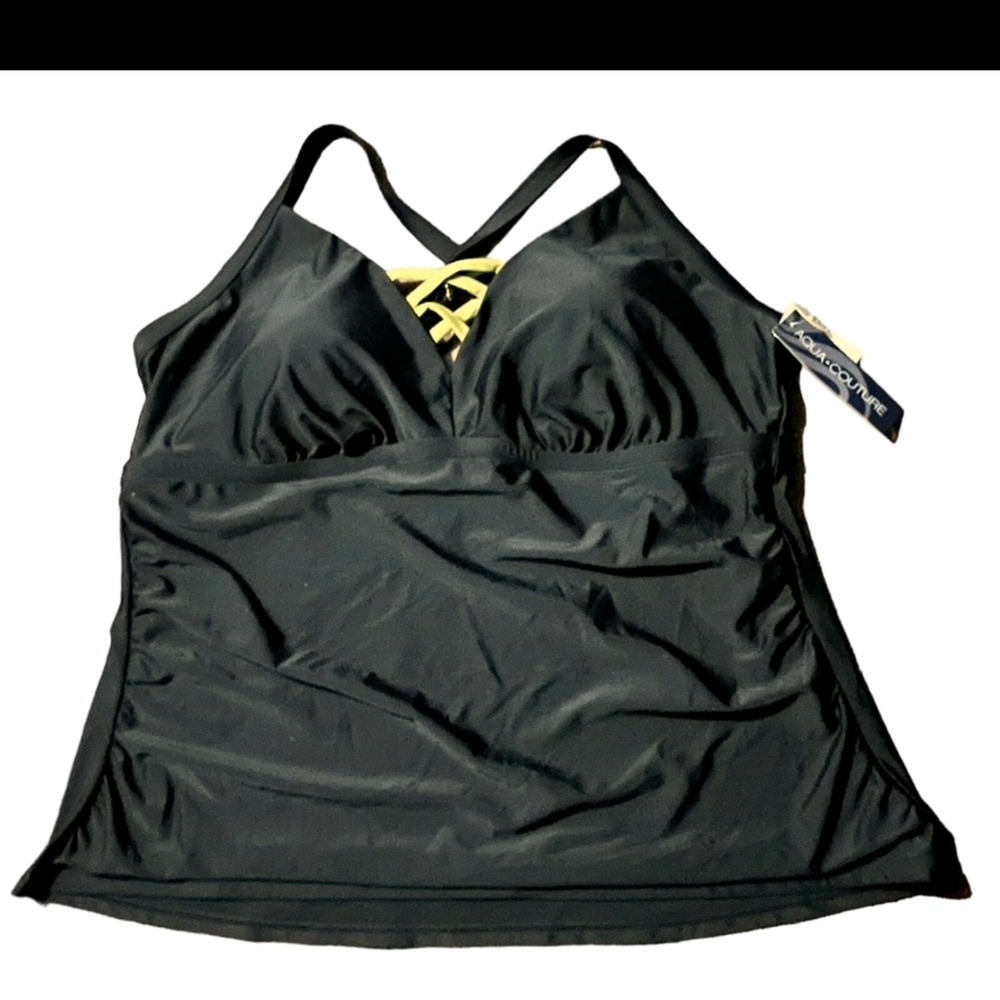 Aqua Couture Curvy Black Tankini Top with Yellow Accent Size XXL NWT
